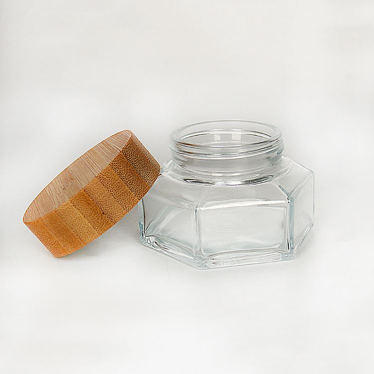 Custom Clear 50g 100g Wooden Lid Hexagonal Glass Cream Jar For Eye Cream