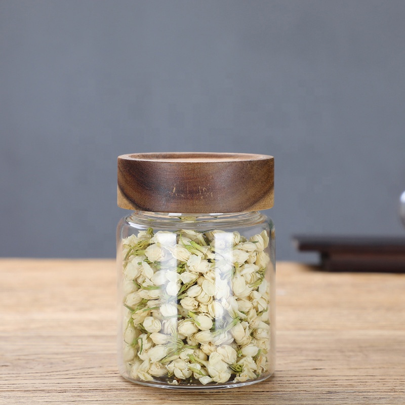 Custom Clear Airtight Food Grade  Candy Kitchen Borosilicate Jars Storage Container Acacia Glass Jar