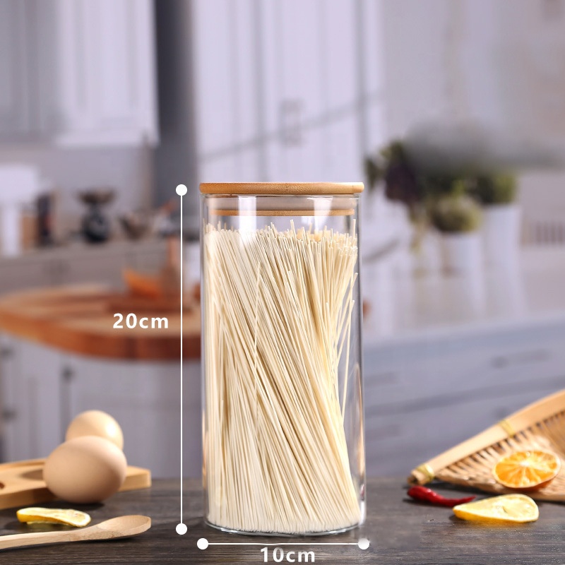 Custom Clear Borosilicate Airtight Storage Jar Bamboo Lid Cylinder Spice Fancy Glass Food Container