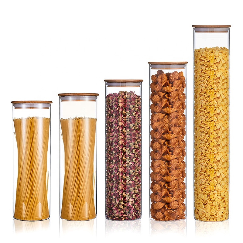Custom Clear Borosilicate Airtight Storage Jar Bamboo Lid Cylinder Spice Fancy Glass Food Container