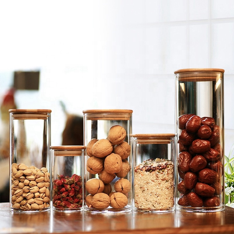 Custom Clear Coffee Candy Cookie Food Grade Airtight Borosilicate Bamboo Lid Glass Food Storage Jar