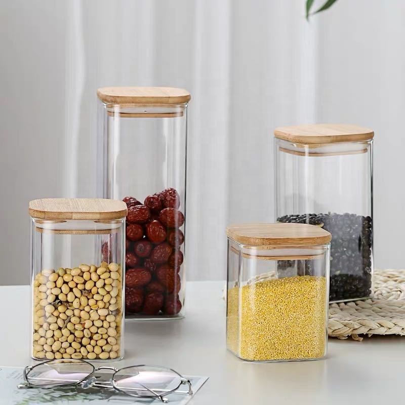 Custom Clear Coffee Cookie Food Container Airtight Empty Borosilicate Square Glass Storage Jar