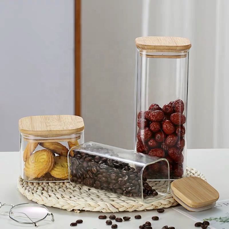 Custom Clear Coffee Cookie Food Container Storage Airtight Empty Square Glass Jar With Cork Lid