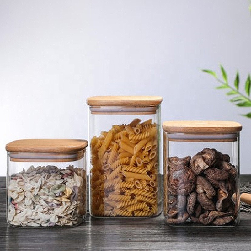 Custom Clear Coffee Cookie Food Container Storage Airtight Square Borosilicate Glass Jar With Bamboo Lid