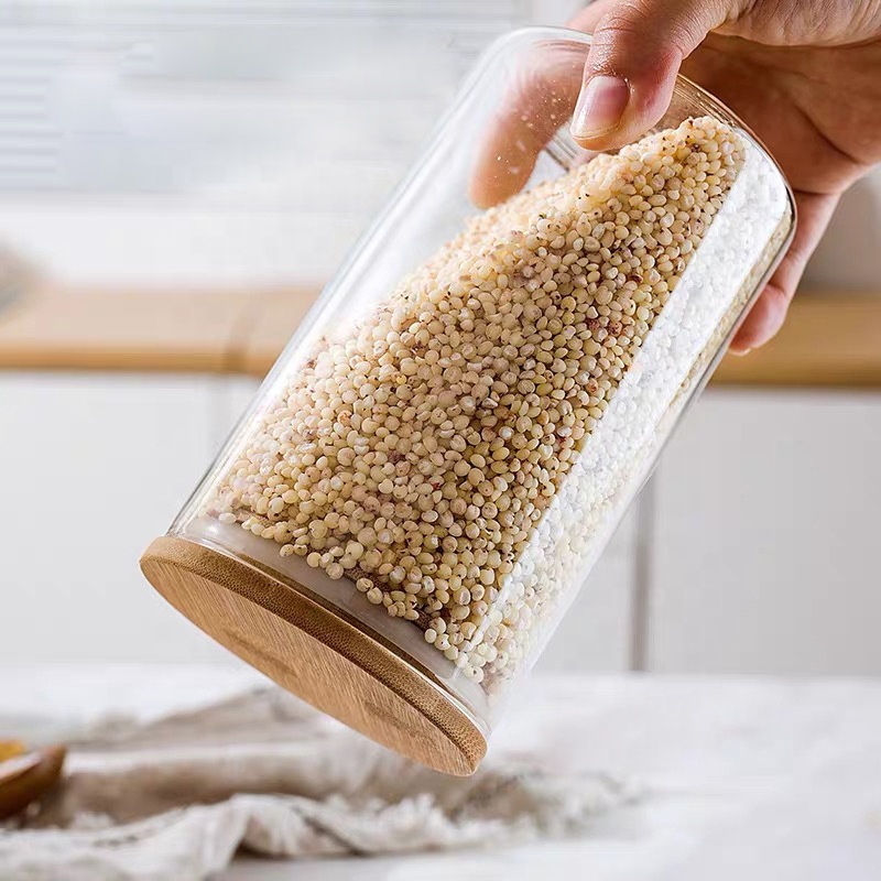 Custom Clear Empty Food Grade Airtight High Borosilicate Wood Bamboo Lid Kitchen Glass Jars Storage