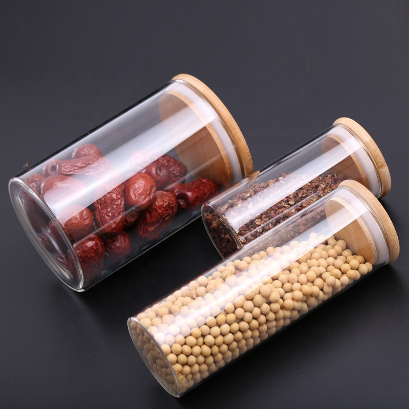 Custom Coffee Cookie Food Grade Candy Storage Container Spice Airtight Clear Glass Jar Bamboo Lid