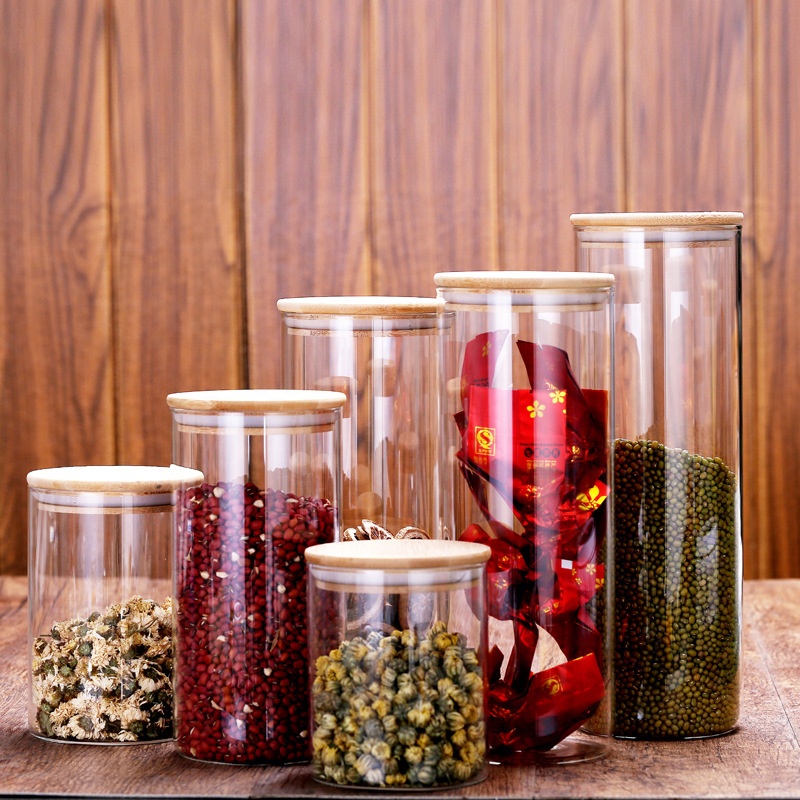 Custom Coffee Cookie Food Grade Candy Storage Container Spice Airtight Clear Glass Jar Bamboo Lid
