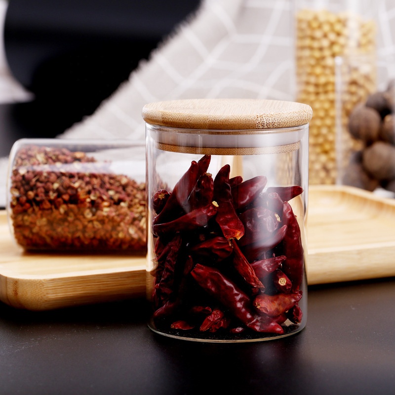 Custom Coffee Cookie Food Grade Candy Storage Container Spice Airtight Clear Glass Jar Bamboo Lid