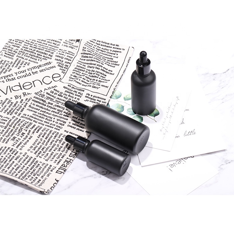 Custom Cosmetic 30ML Matte Black Frosted Glass Round Shape Essential Oil Bottle With dropper