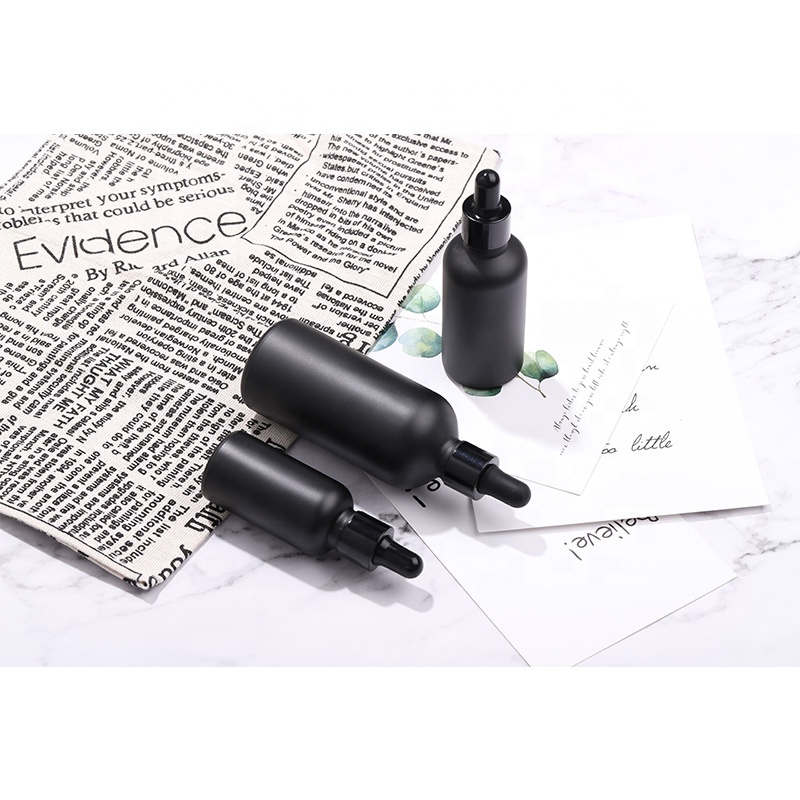 Custom Cosmetic 30ML Matte Black Frosted Glass Round Shape Essential Oil Bottle With dropper