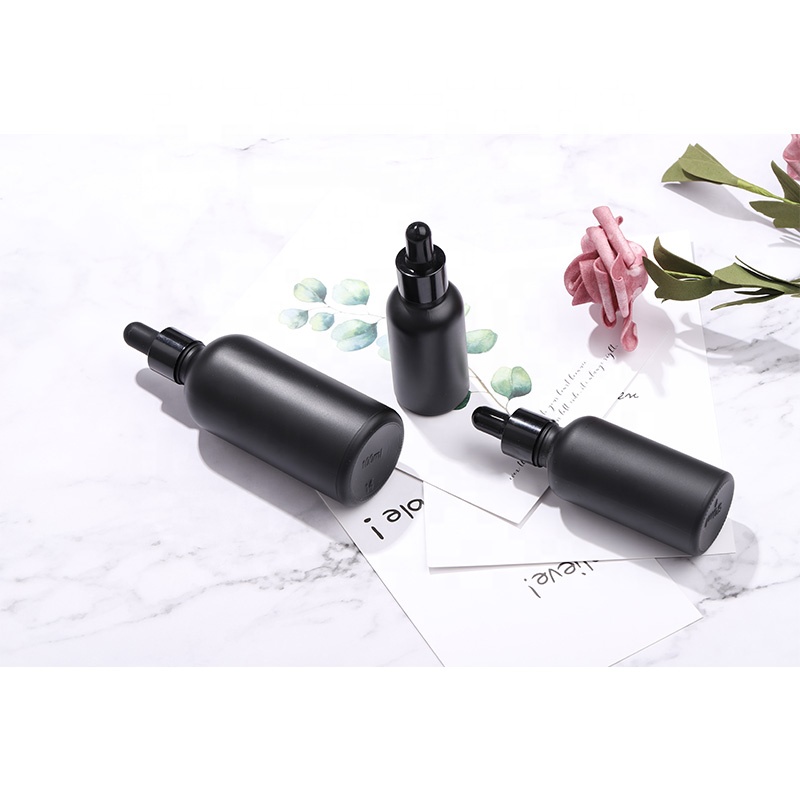 Custom Cosmetic 30ML Matte Black Frosted Glass Round Shape Essential Oil Bottle With dropper
