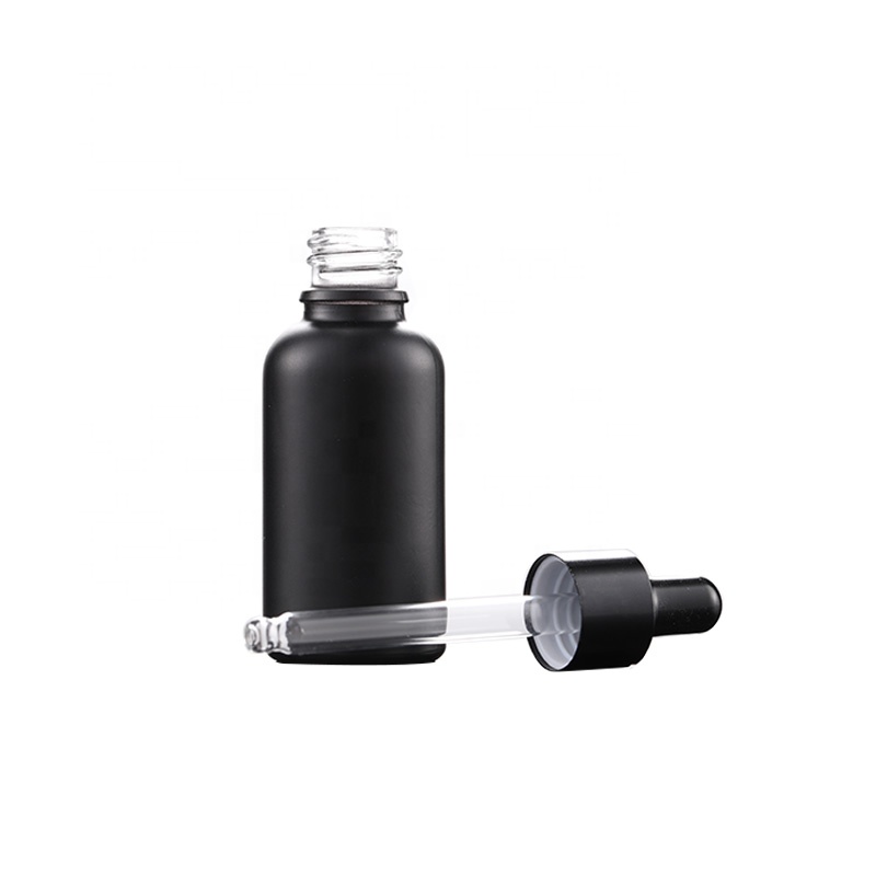 Custom Cosmetic 30ML Matte Black Frosted Glass Round Shape Essential Oil Bottle With dropper