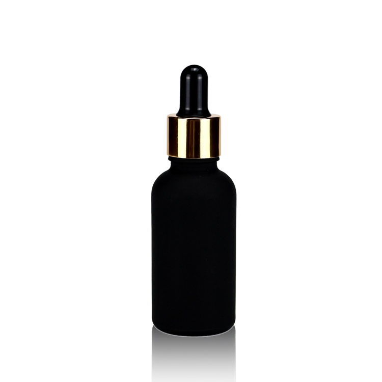 Custom Cosmetic 30ML Matte Black Frosted Glass Round Shape Essential Oil Bottle With dropper