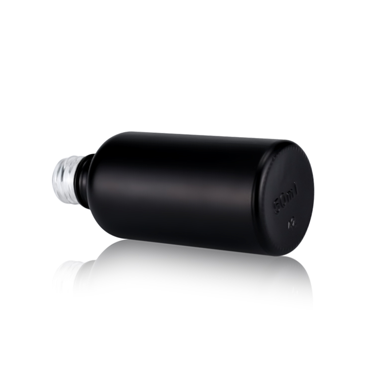 Custom Cosmetic 30ML Matte Black Frosted Glass Round Shape Essential Oil Bottle With dropper