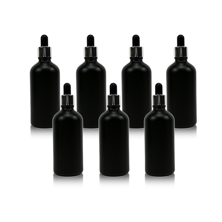 Custom Cosmetic 30ML Matte Black Frosted Glass Round Shape Essential Oil Bottle With dropper