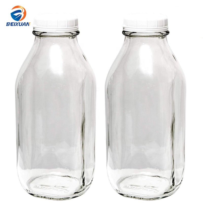 Custom Design 1 Liter  French Square Glass Beverage Bottles For Milk Storage With Tear Cover