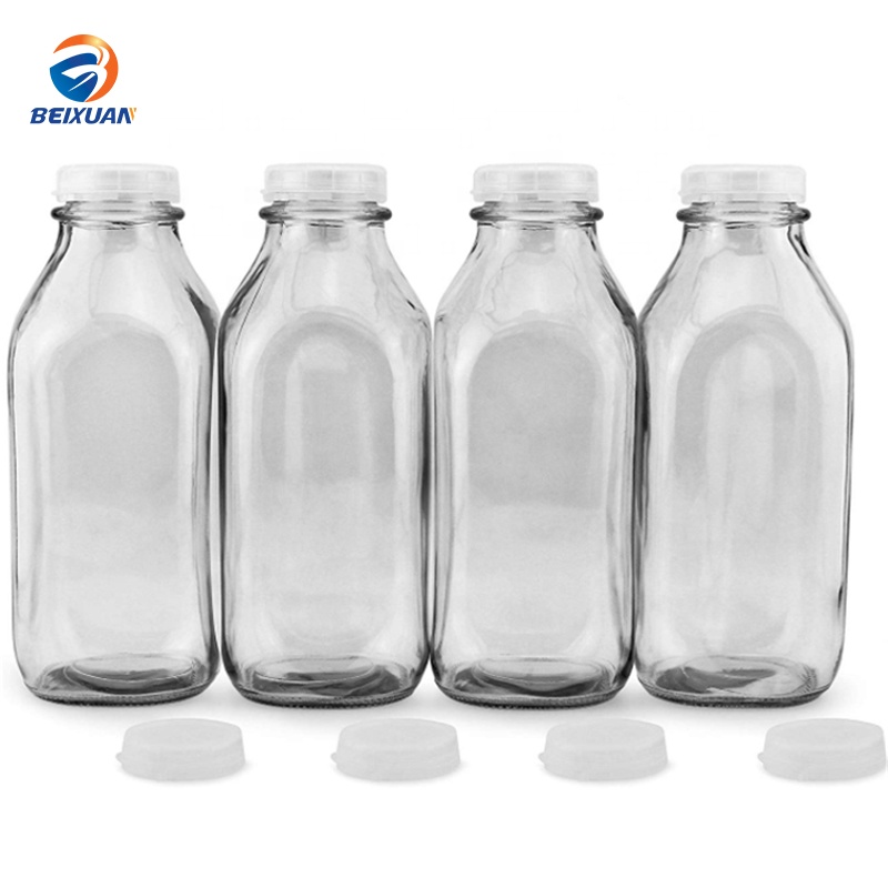 Custom Design 1 Liter French Square Glass Beverage Bottles For Milk Storage With Tear Cover