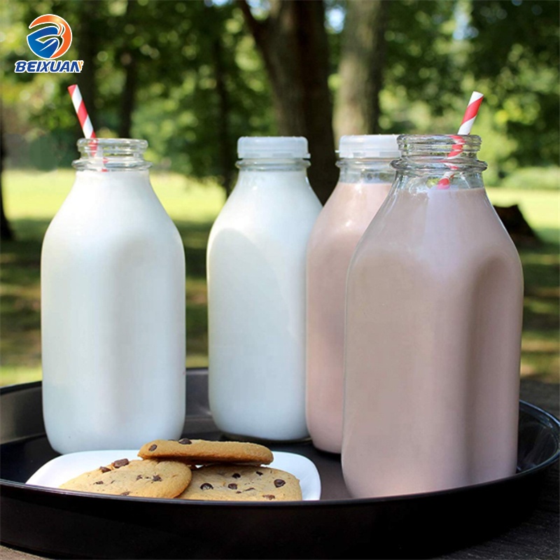 Custom Design 1 Liter French Square Glass Beverage Bottles For Milk Storage With Tear Cover