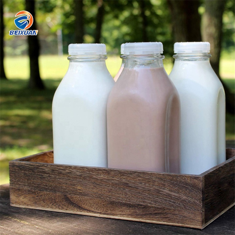 Custom Design 1 Liter French Square Glass Beverage Bottles For Milk Storage With Tear Cover