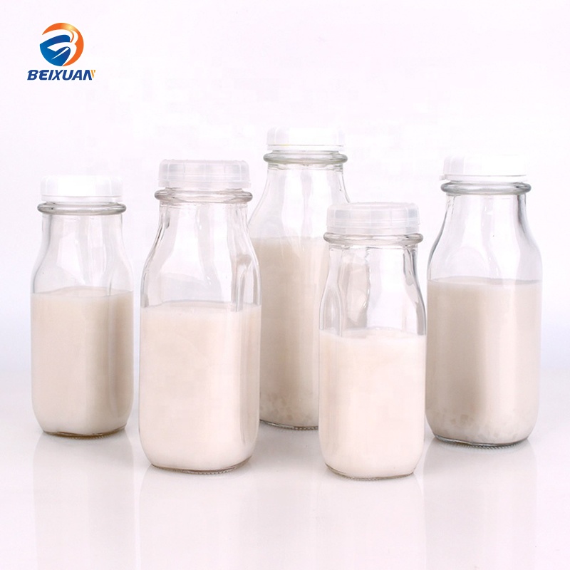 Custom Design 1 Liter French Square Glass Beverage Bottles For Milk Storage With Tear Cover