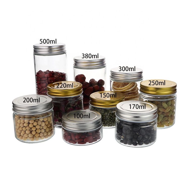 Custom Design 100ml 150ml 170ml 200ml 220ml 250ml 300ml 380ml 500ml Recycle Kitchen Glass Food Jars Storage Jars With Lids