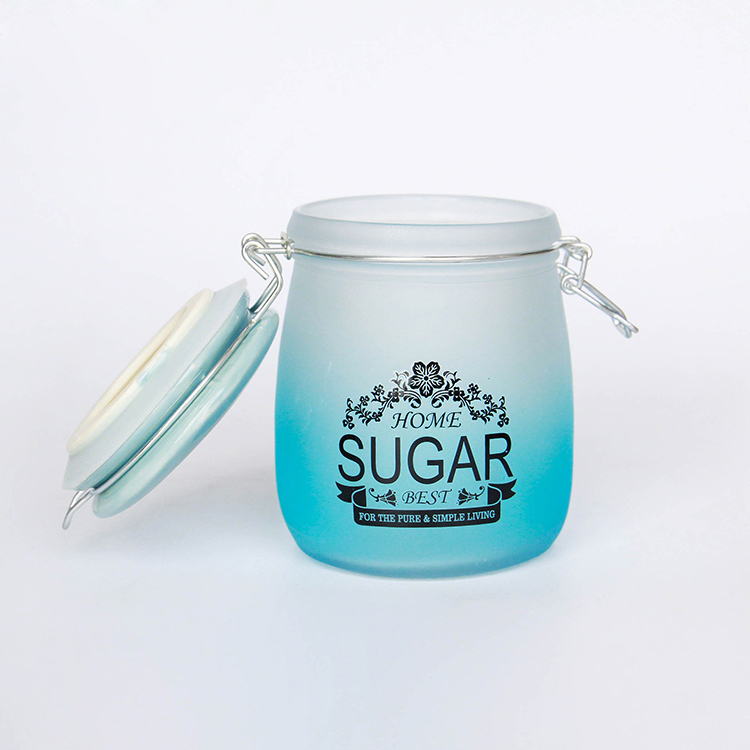 Custom Design Swing Top Frosted Clear Glass Wire Bale Jars with Hinged Lid for Cookie Candy