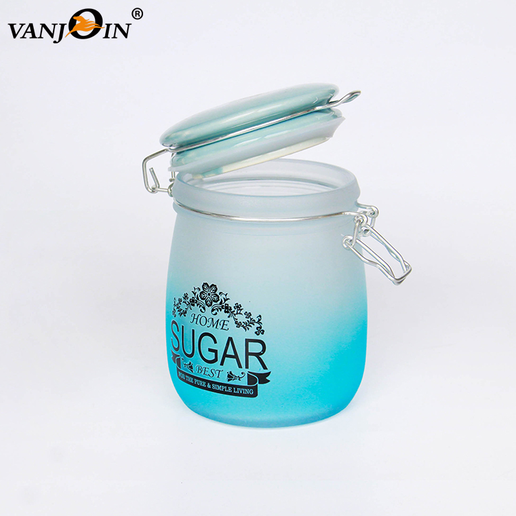 Custom Design Swing Top Frosted Clear Glass Wire Bale Jars with Hinged Lid for Cookie Candy