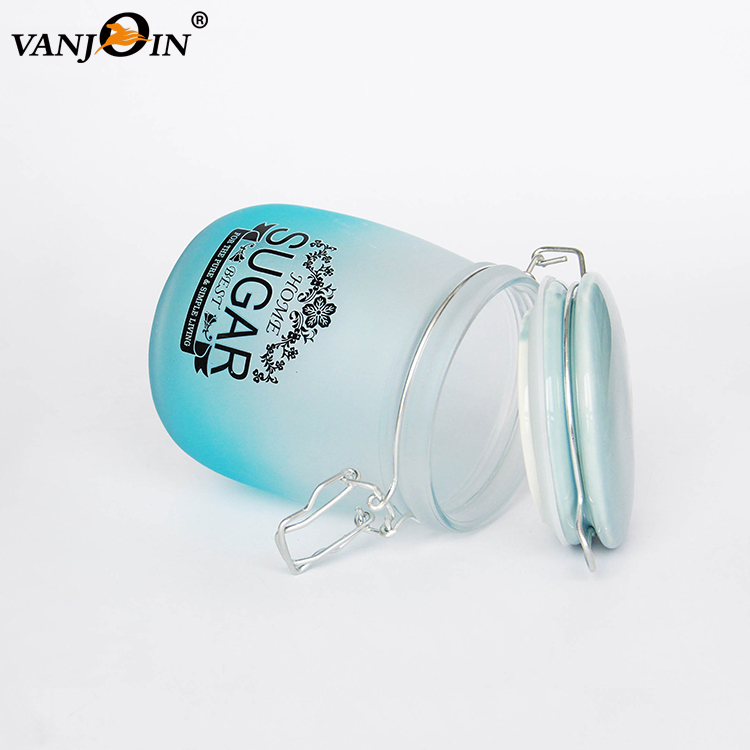Custom Design Swing Top Frosted Clear Glass Wire Bale Jars with Hinged Lid for Cookie Candy