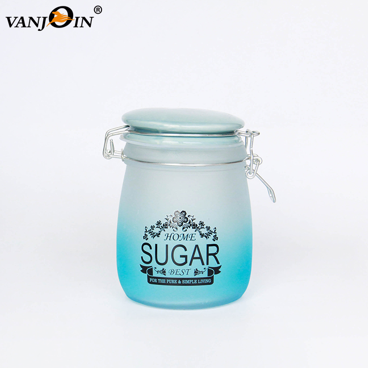 Custom Design Swing Top Frosted Clear Glass Wire Bale Jars with Hinged Lid for Cookie Candy