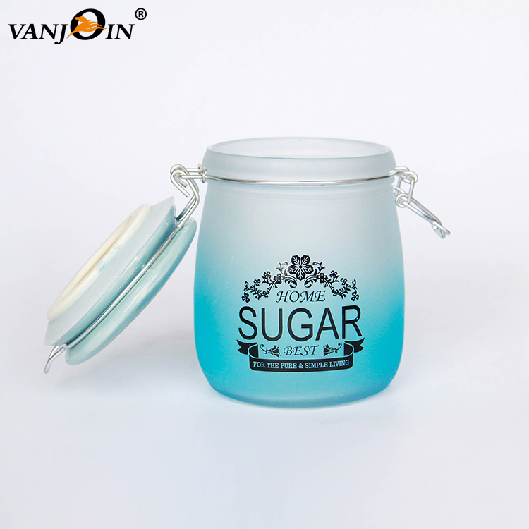 Custom Design Swing Top Frosted Clear Glass Wire Bale Jars with Hinged Lid for Cookie Candy