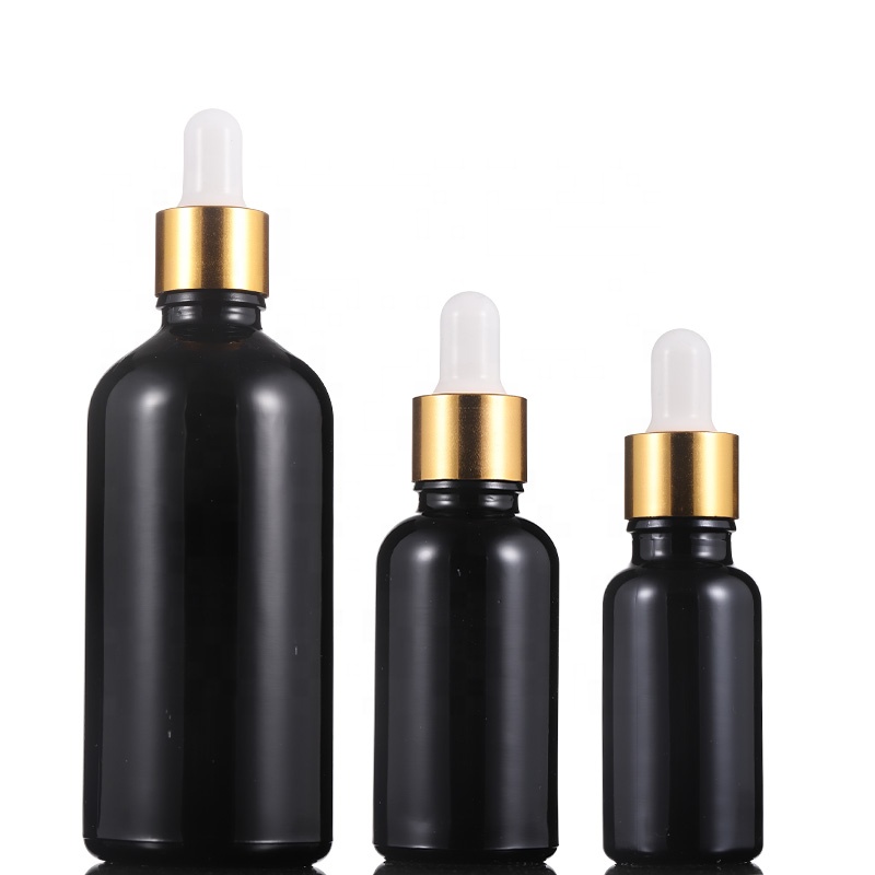 Custom Different Size Black Glass Essential Oil Dropper Bottle for Cosmetic Packaging