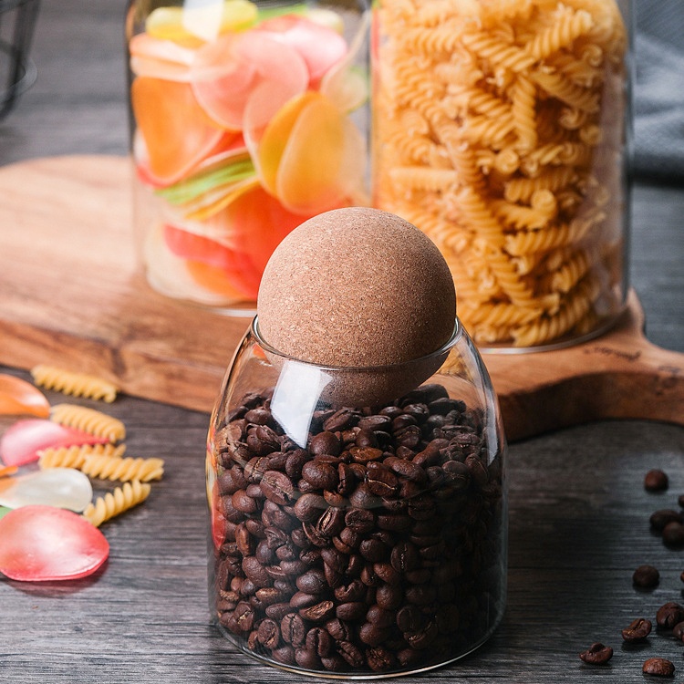 Custom Empty Borosilicate Cookie Coffee Food Candy Storage Container Top Cork Lid Glass Jar