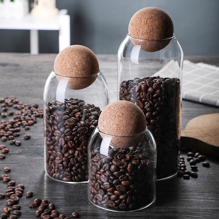 Custom Empty Borosilicate Cookie Coffee Food Candy Storage Container Top Cork Lid Glass Jar