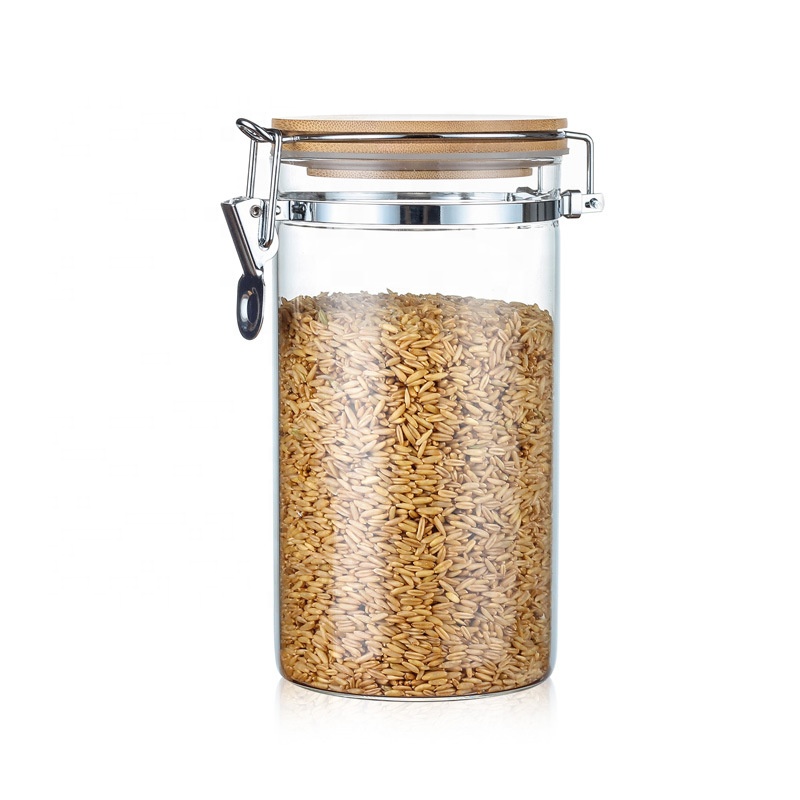 Custom Empty Clear Candy Coffee Fancy Food Storage Cylinder Kitchen Large Spice Tea Glass Clip Lid Jars