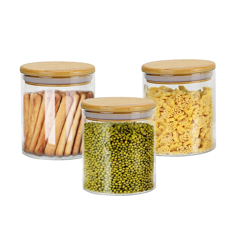 Custom Empty Clear Coffee Candy Spice Container Cookie Bamboo Lid Airtight Glass Food Storage Jar