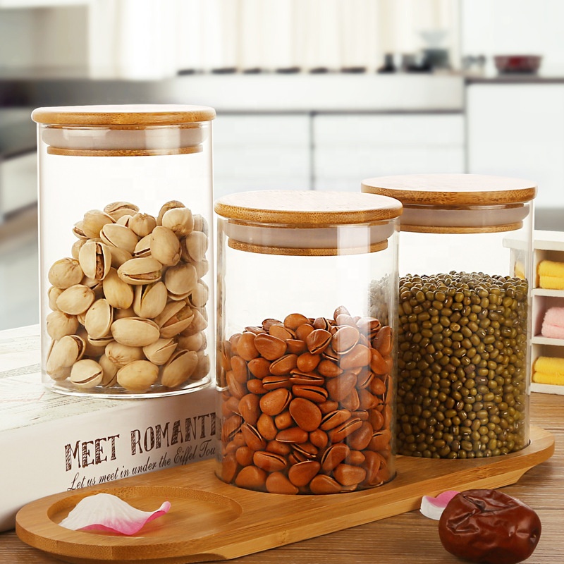 Custom Empty Clear Coffee Candy Spice Container Cookie Bamboo Lid Airtight Glass Food Storage Jar