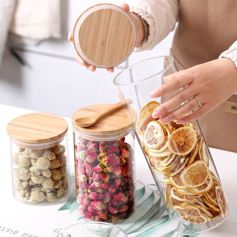 Custom Empty Clear Coffee Candy Spice Container Cookie Bamboo Lid Airtight Glass Food Storage Jar