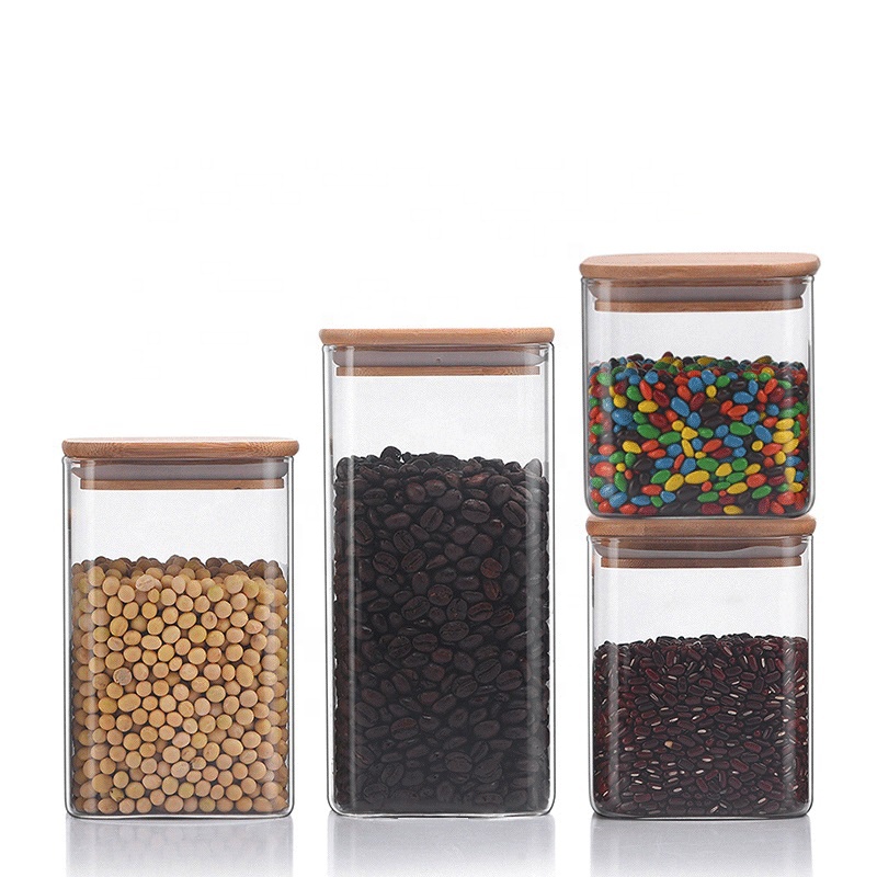 Custom Empty Clear Coffee Cookie Food Container Storage Airtight Borosilicate Square Bamboo Glass Jars