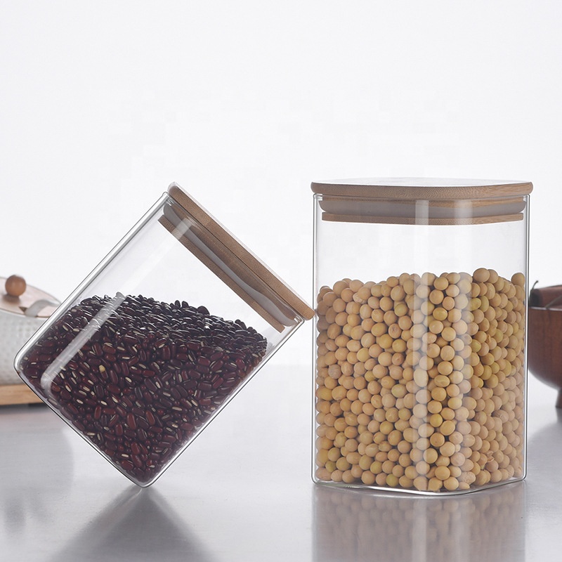 Custom Empty Clear Coffee Cookie Food Container Storage Airtight Borosilicate Square Bamboo Glass Jars