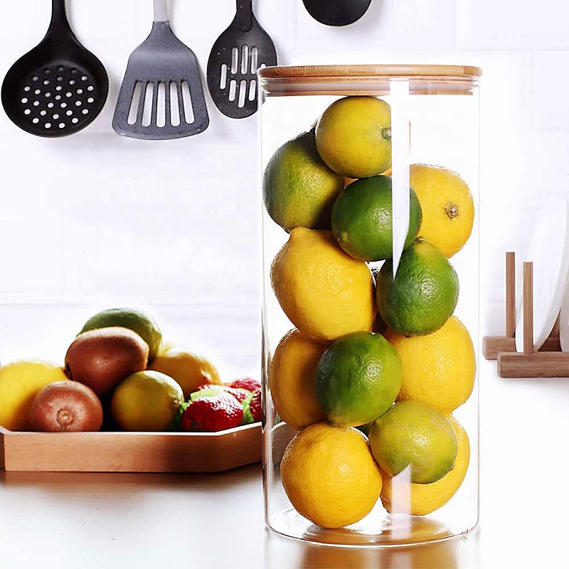 Custom Empty Clear Kitchen High Borosilicate Cylinder Bamboo Lid Airtight Large Food Storage Glass Jar