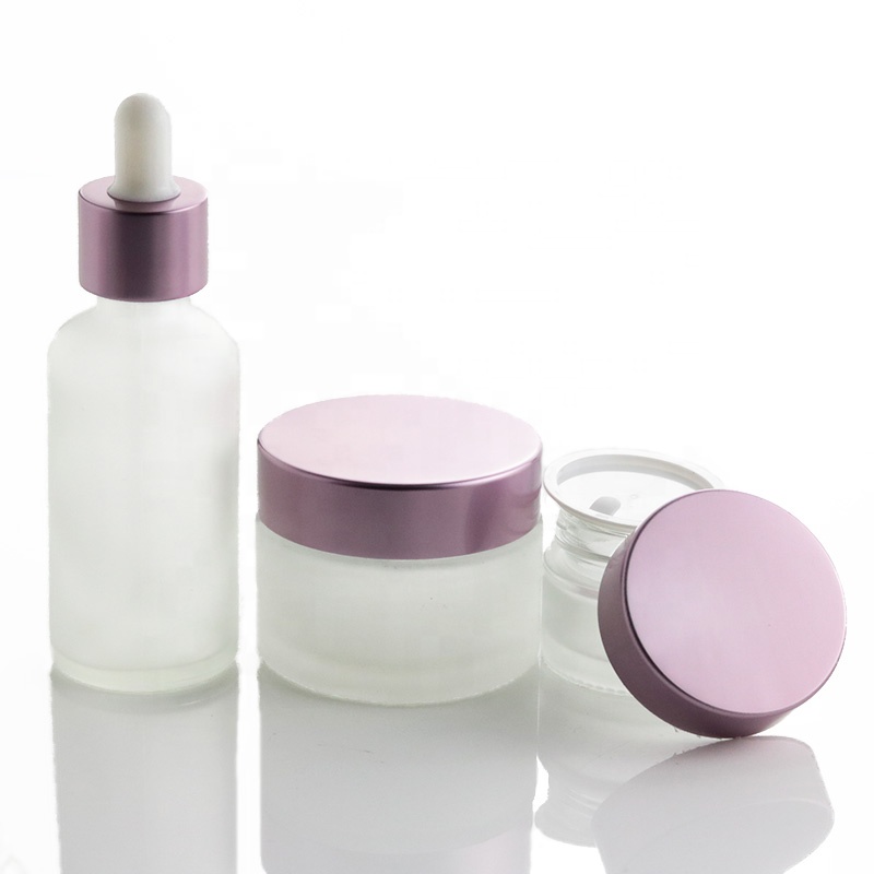 Custom Empty Cream Packaging 20ml 50ml Lip Balm Jars Frosted Round Cosmetic Bottle Glass Jar Set With Pink Metal Lid (GJM67)