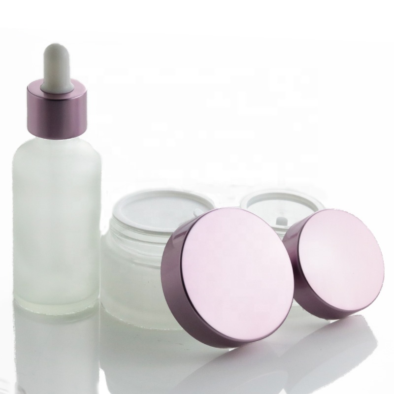 Custom Empty Cream Packaging 20ml 50ml Lip Balm Jars Frosted Round Cosmetic Bottle Glass Jar Set With Pink Metal Lid (GJM67)