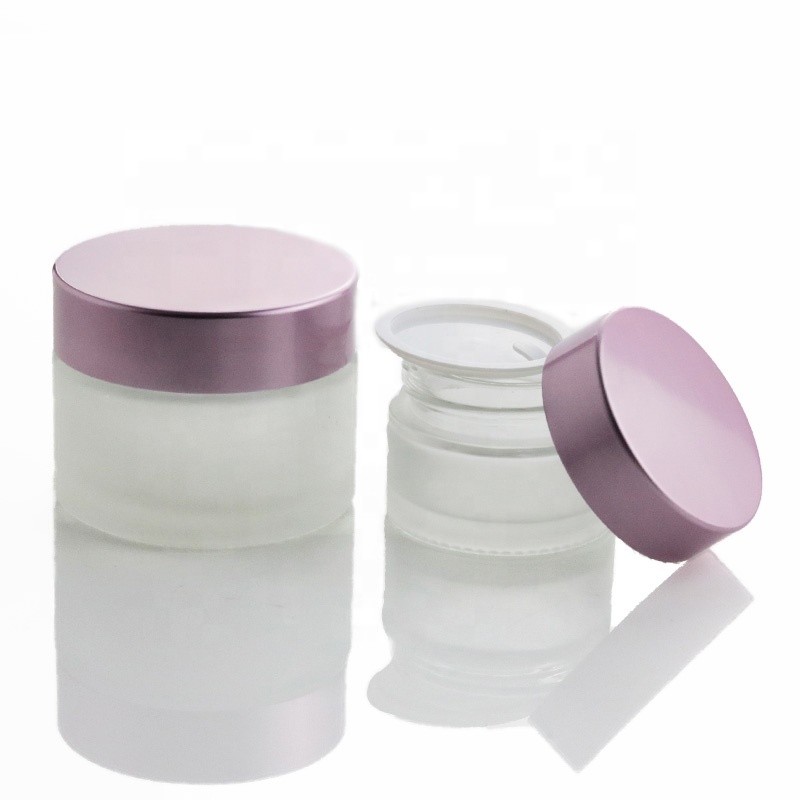 Custom Empty Cream Packaging 20ml 50ml Lip Balm Jars Frosted Round Cosmetic Bottle Glass Jar Set With Pink Metal Lid (GJM67)