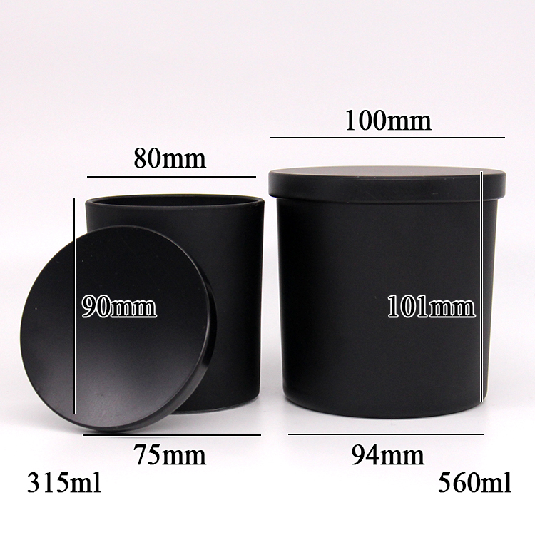 Custom Empty Matte Black Candle Holder Metal Frosted Glass Candle Jars With Wooden Lids