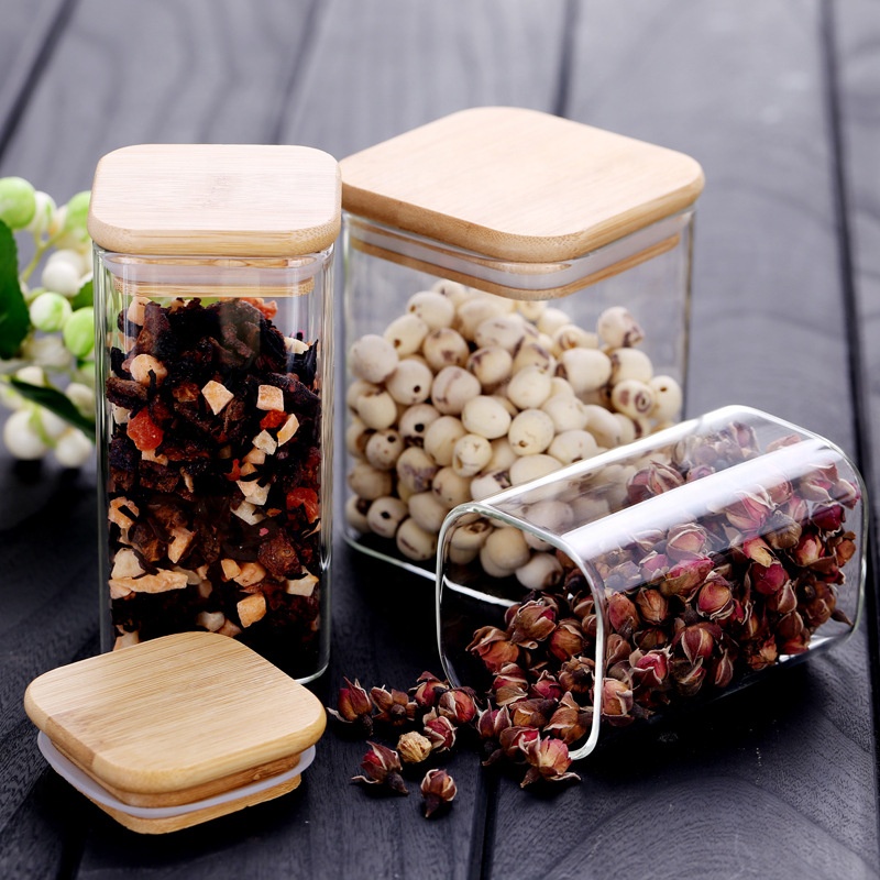 Custom Food Container Empty Square Borosilicate Glass Storage Jar With Bamboo Airtight Cover
