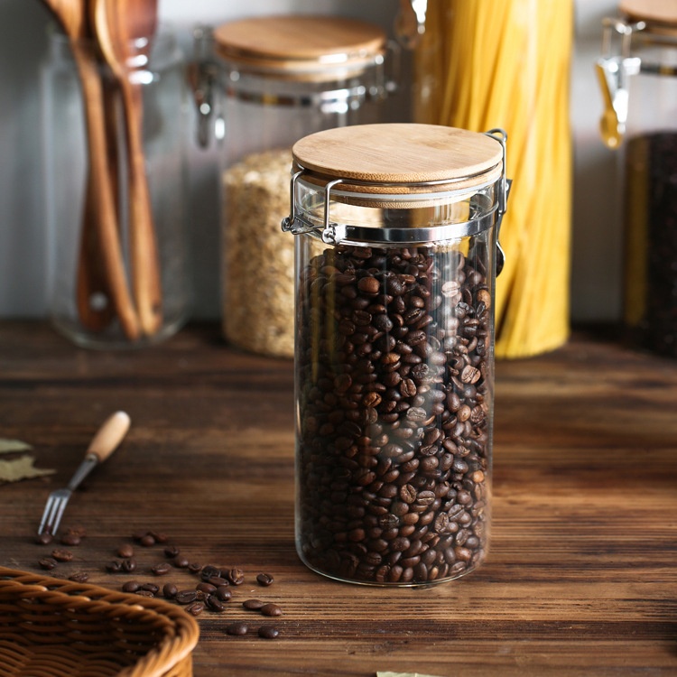Custom Food Grade Fancy Food Storage Bottle Cylinder Airtight Mason Coffee Tea Spice Glass Clip Lid Jars