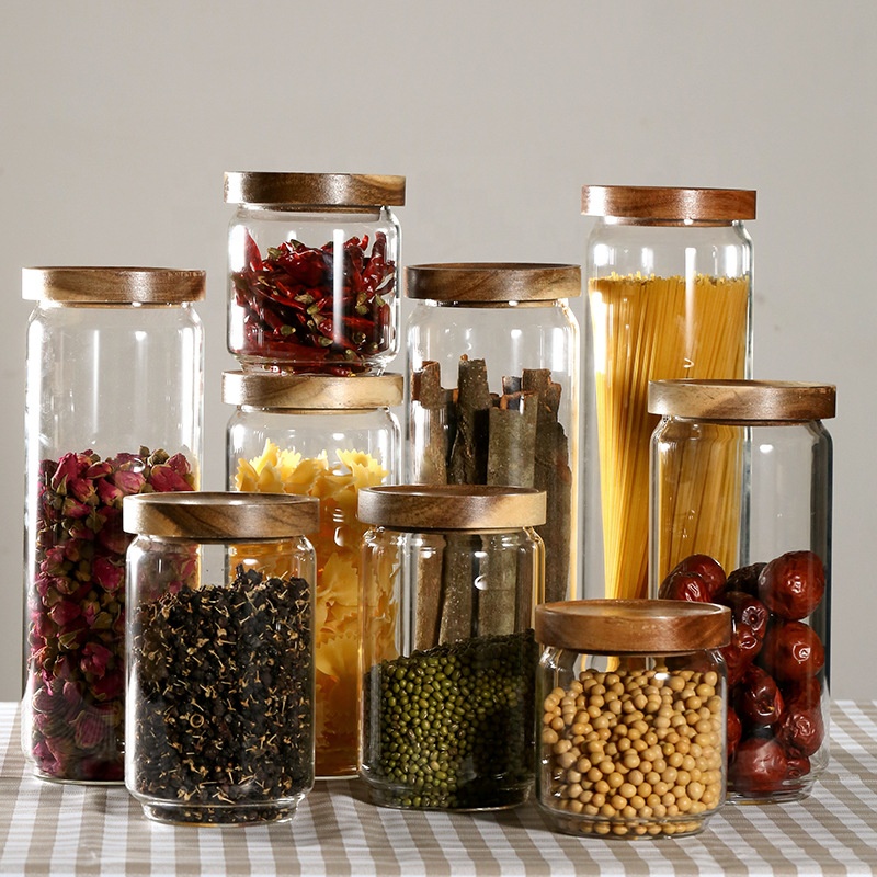 Custom Food Grade Storage Airtight Clear Kitchen Spice Coffee Cookie Jam Mason Glass Jar With Acacia Lid