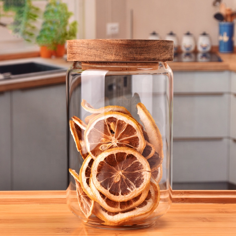 Custom Food Grade Storage Airtight Clear Kitchen Spice Coffee Cookie Jam Mason Glass Jar With Acacia Lid