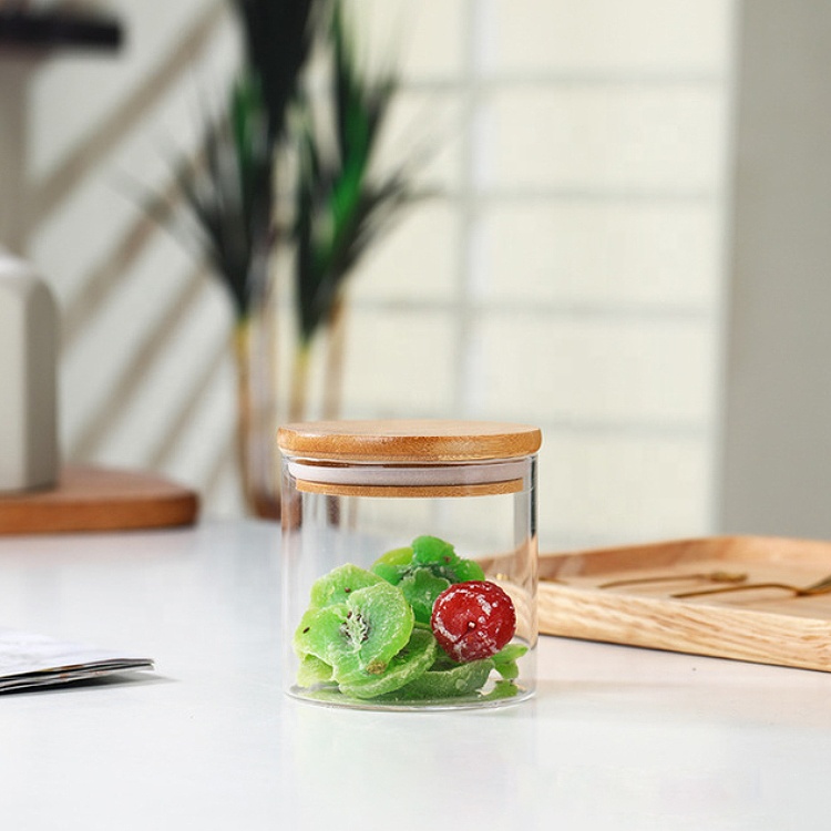 Custom Food Grade Storage Airtight Tube Spice Borosilicate Glass Jar Bamboo Lid
