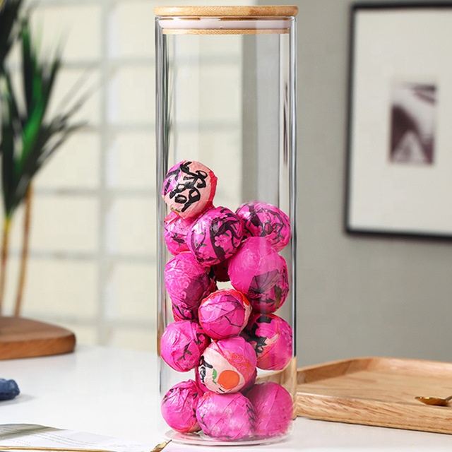 Custom Food Grade Storage Spice Airtight Cylinder Kitchen Tube Clear Borosilicate Glass Jar Bamboo Lid